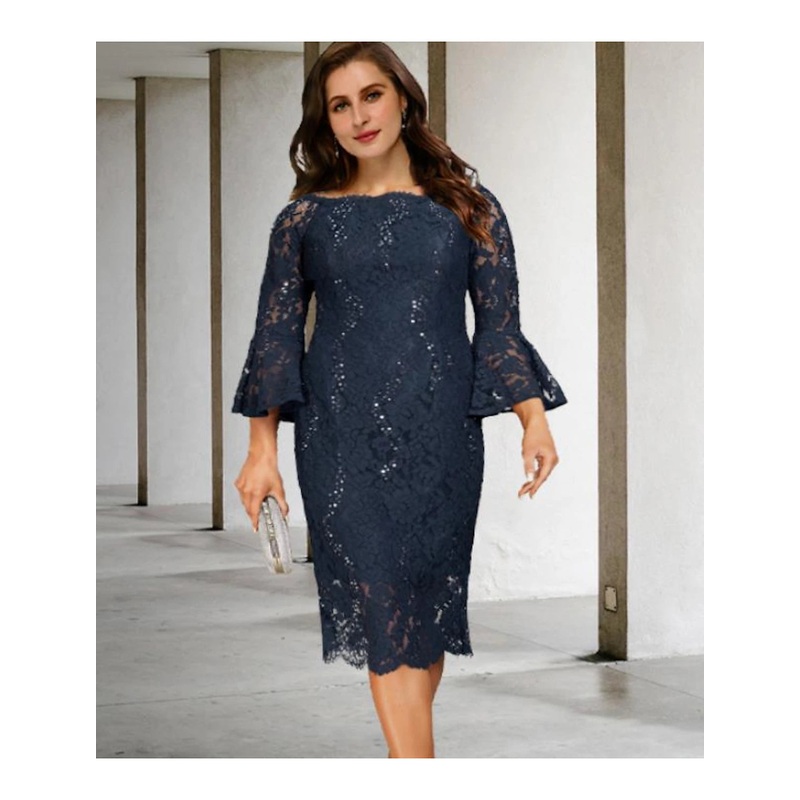 A-Line Plus Size Curve Mother of the Bride Dresses Vintage Dress Formal Tea Length 3/4 Length Sleeve Jewel Neck Lace with Sequin Appliques