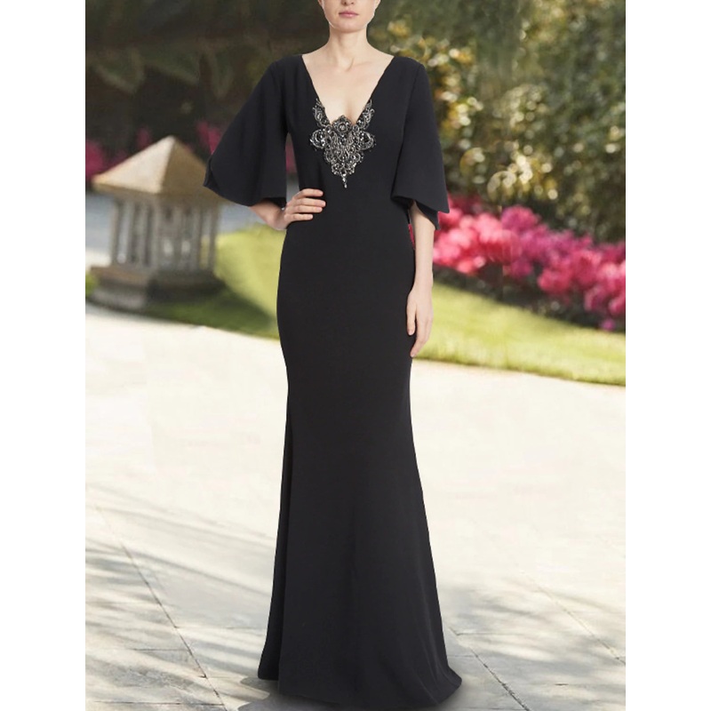 Mermaid / Trumpet Evening Gown Minimalist Dress Formal Wedding Guest Floor Length 3/4 Length Sleeve V Neck  Chiffon with Pure Color