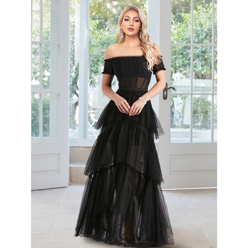 Ball Gown Prom Dresses Corsets Dress Masquerade Prom Floor Length Sleeveless Off Shoulder Tulle with Ruffles Pure Color