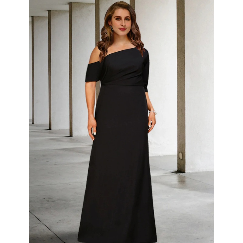 A-Line Mother of the Bride Dresses Plus Size Hide Belly Curve Vintage Dress Party Wear Floor Length 3/4 Length Sleeve One Shoulder  Fabric with Ruched
