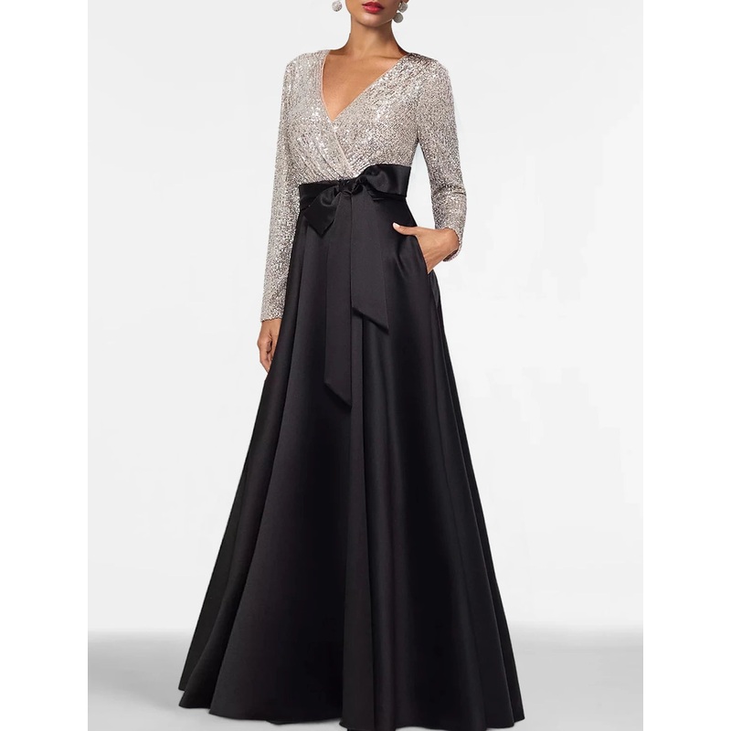 A-Line Evening Gown Black Dress Plus Size Color Block Dress Formal Floor Length Long Sleeve V Neck Fall Wedding Guest Satin with Sequin Pocket 2025
