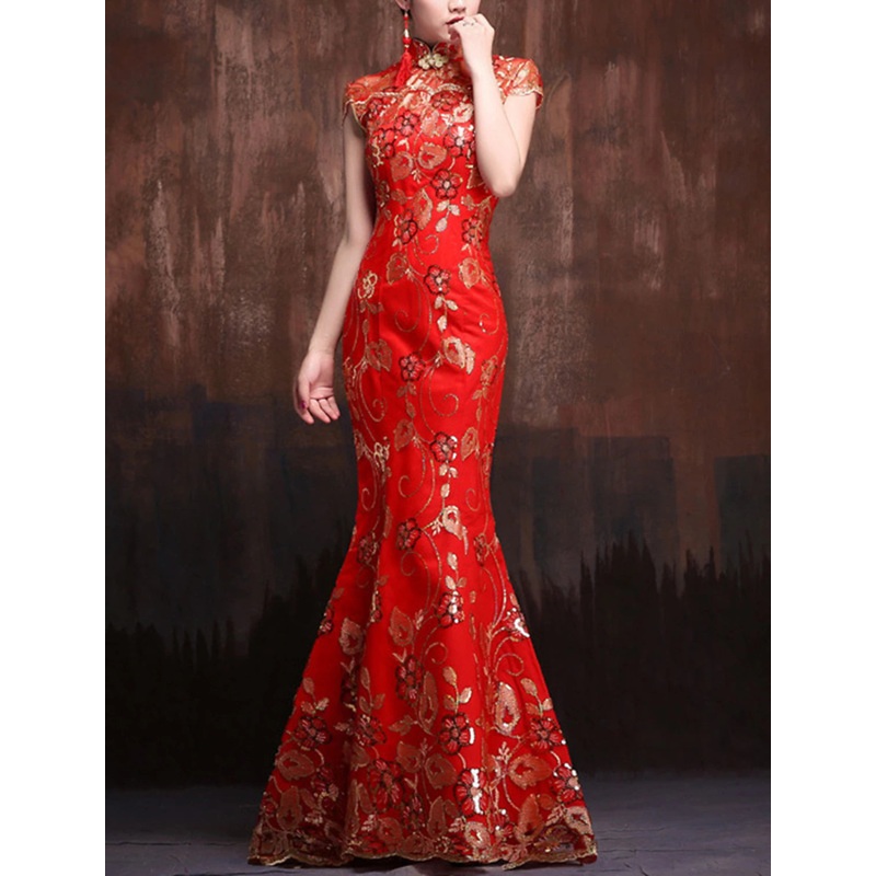 Mermaid / Trumpet Evening Gown Vintage Dress Wedding Guest Formal Evening Floor Length Short Sleeve High Neck Satin with Sequin Embroidery