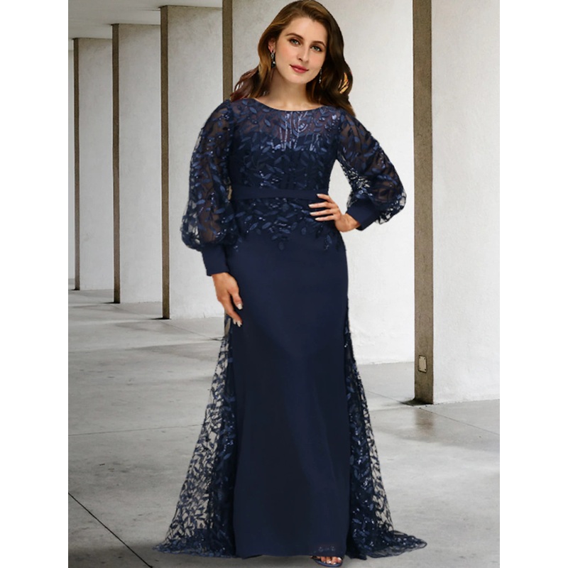 Mermaid / Trumpet Plus Size Curve Mother of the Bride Dresses Vintage Dress Formal Sweep / Brush Train Long Sleeve Jewel Neck Chiffon with Sequin Ruffles