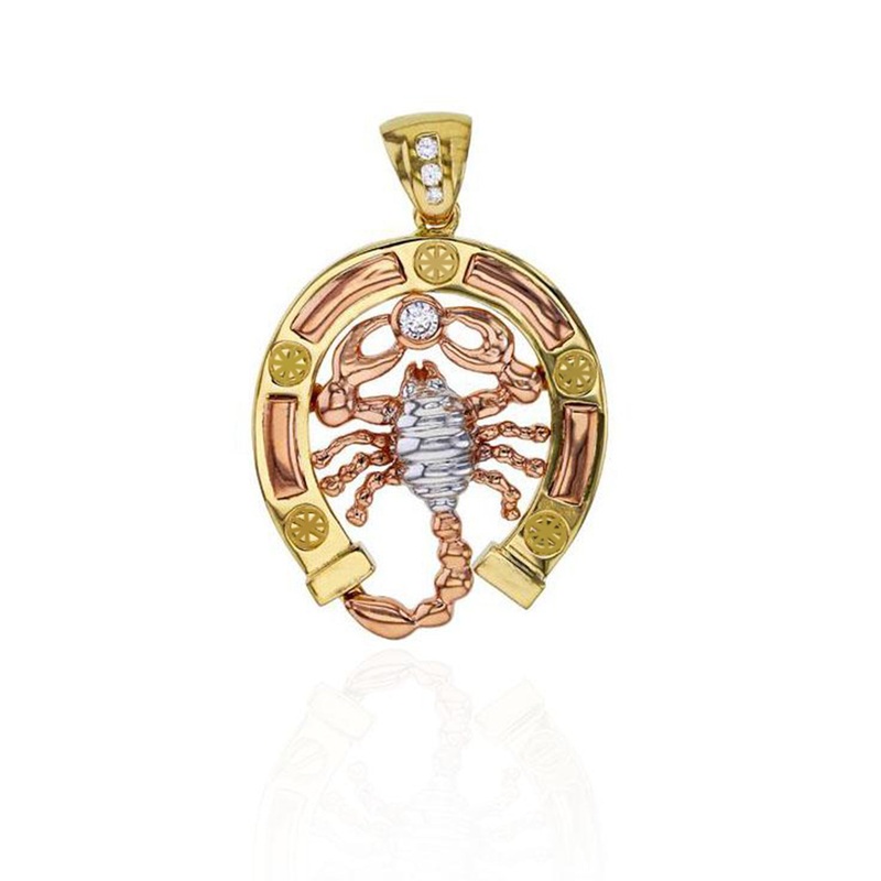 Tri-Color Horse Shoe Scorpion CZ Pendant (14K)