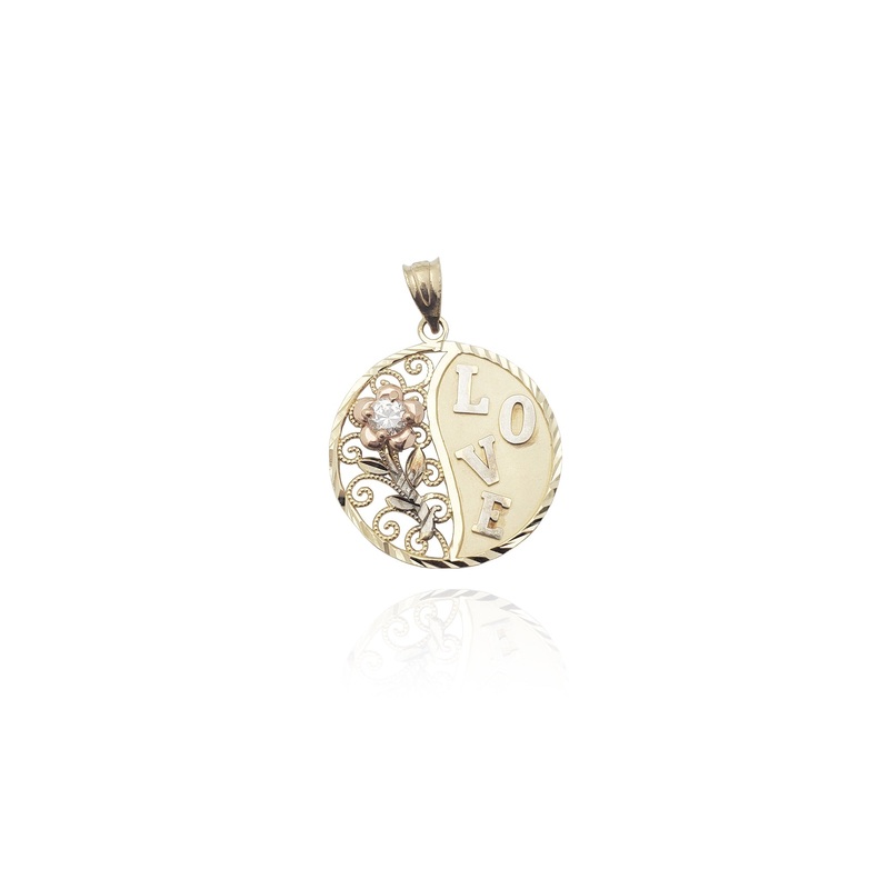 “Love” and Flowers Circle Pendant (14K)