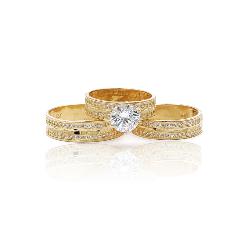 [Flat-Band] Milgrain Pave Setting Diamond-Cut Three Piece-Set Ring (14K) 7 9