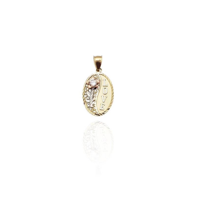 “Love” & Flowers Oval Pendant (14K)