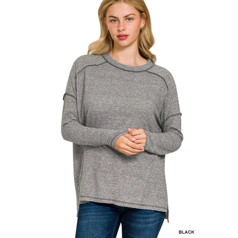 Zenana Full Size Melange Hacci Exposed Seam Hi-low Tee Plus Size BLACK S/M