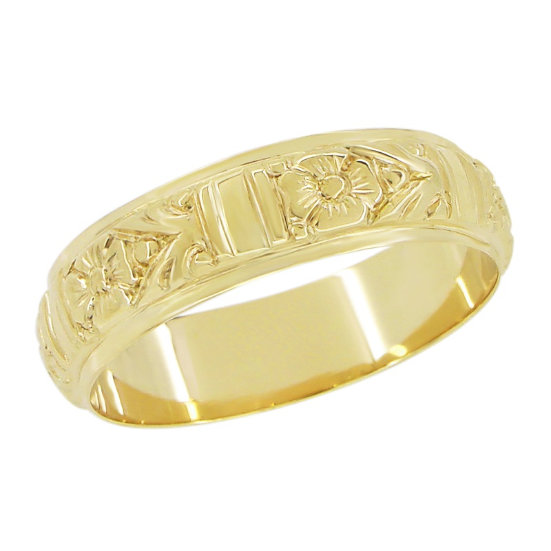 Yellow Gold Victorian Hand Carved Vintage Style Floral Wide Wedding Band – 6mm – 14K or 18K