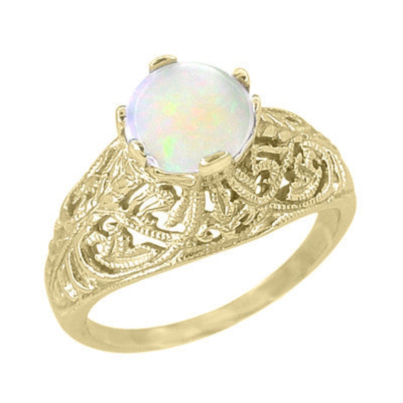 Yellow Gold Edwardian Dome Filigree Solitaire Opal Ring