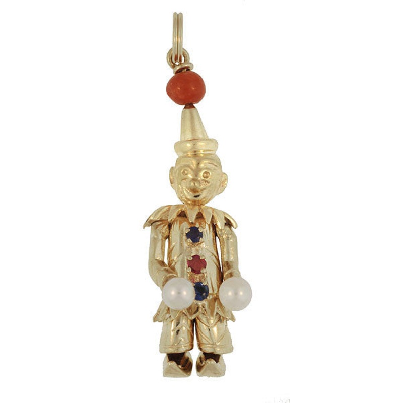 Moveable Vintage Happy Clown Pendant With Ruby, Sapphires, Coral and Pearls in 14 Karat Yellow Gold