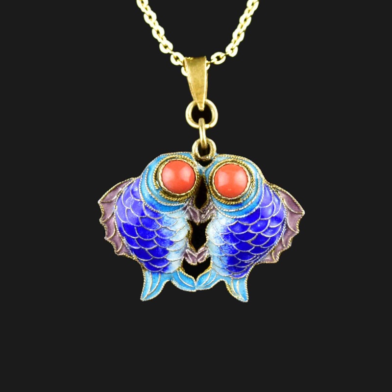 Vintage Gold Gilt Coral Enamel Kissing Fish Pendant Necklace